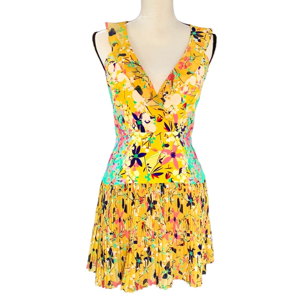 SALONI Silk Floral Sleeveless Flutter V-Neck Pleated Amy Mini Dress Size 6